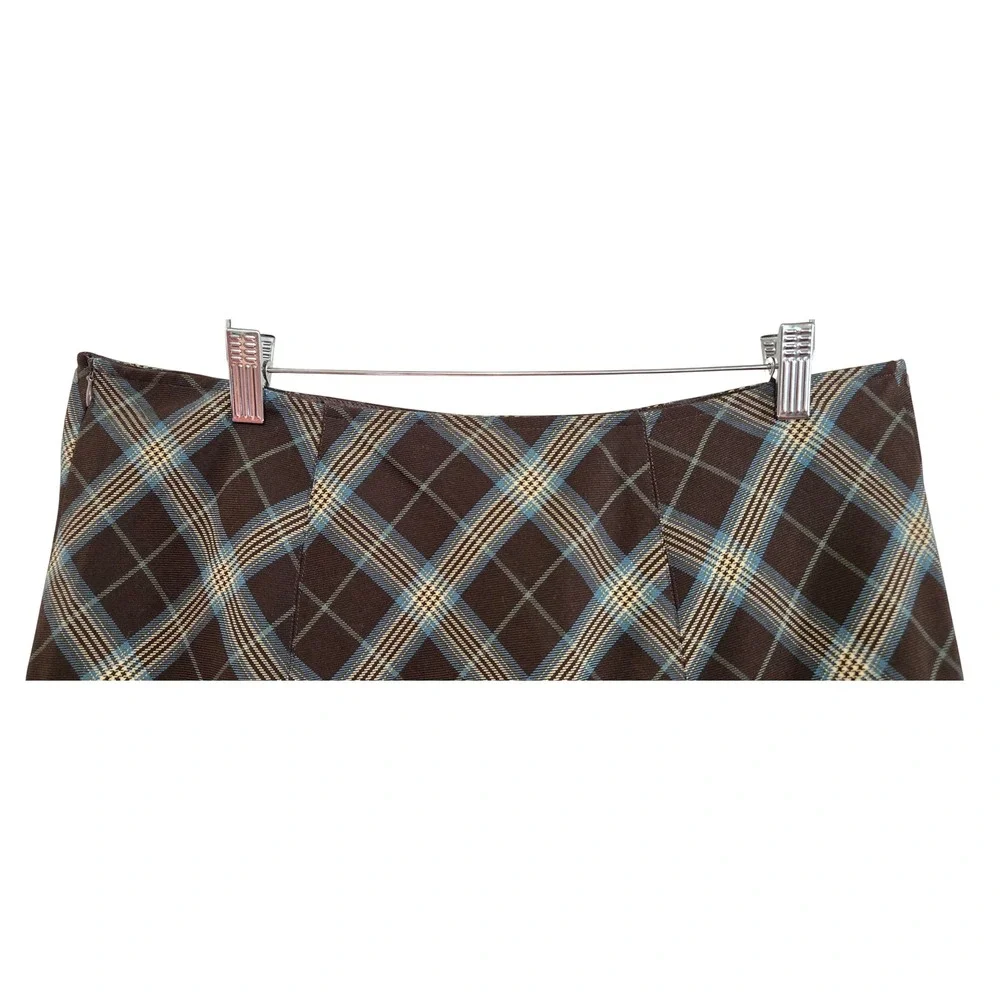 Dress Barn Retro Brown Blue Plaid A-Line Midi Skirt Paneled Bias Cut Lined Sz 16